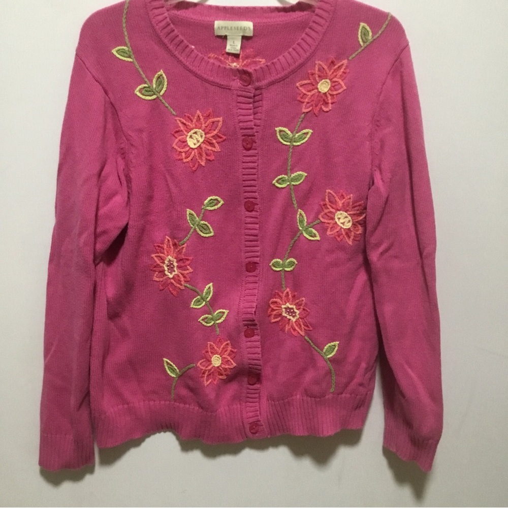 Appleseed’s 100% Cotton Size Large Sweater Pink Floral Embroidered Cottage core